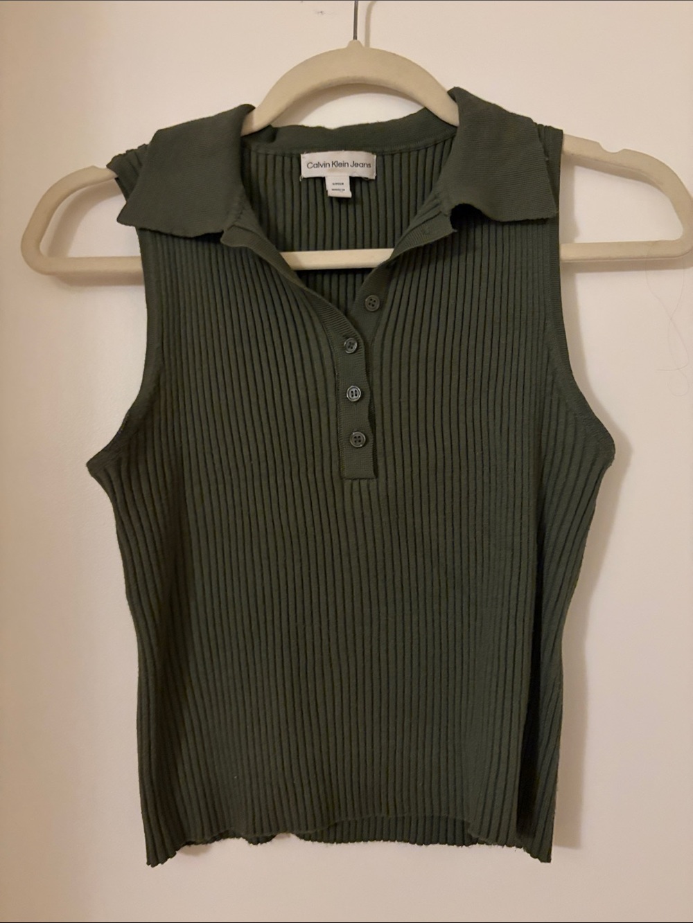 Calvin Klein Jeans Olive Green Ribbed Sleeveless Polo Tank